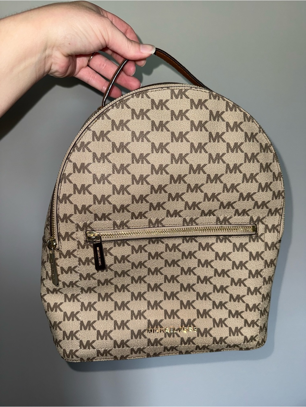 Michael Kors Tan Beige MK Monogram Dome Backpack